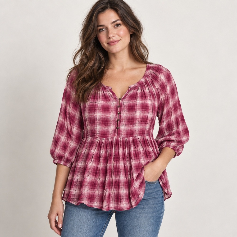 Maeve Anthropologie Pink Plaid Babydoll Tunic Top Large Gauze 3/4 Sleeve Blouse